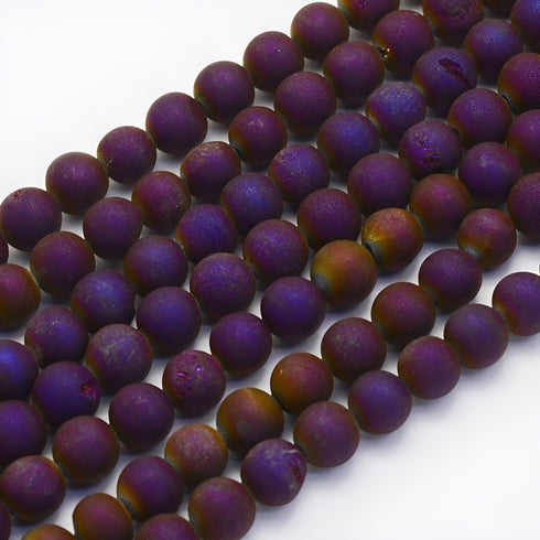 Frosted Druzy Agate Purple Round Beads 8mm