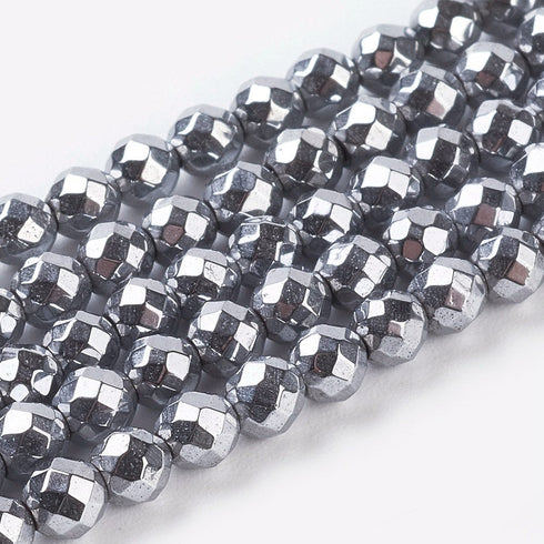 Synthetic Hematite Silver Color Faceted Round Beads 3mm