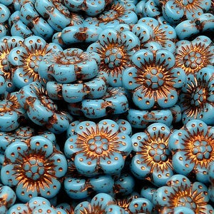 Opaque Turquoise Blue With Bronze Flower 14mm