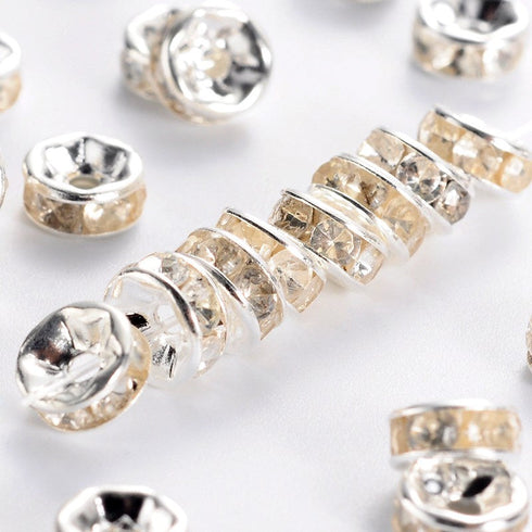 Silver Plated Brass Rhinestone Spacer Bead 6mm 12pc